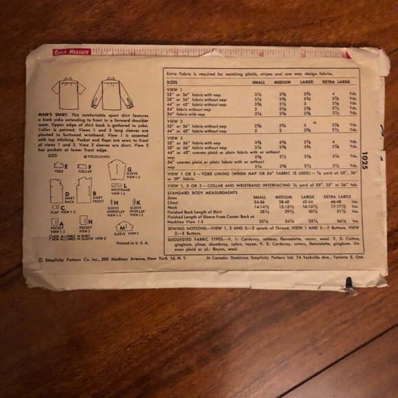 Simplicity 1025. Vintage 50s Button Down Shirts sewing pattern - Picture 2 of 3